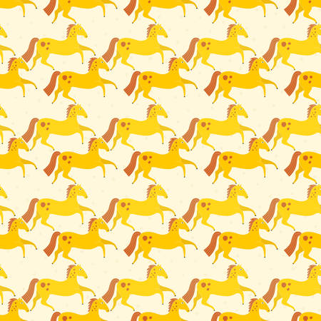 Beautiful seamless pattern with horse silhouettes. Perfect dressage event texture made in orange, yellow and blue colors on beige backgroound. Animal texture drwn in vector.のイラスト素材