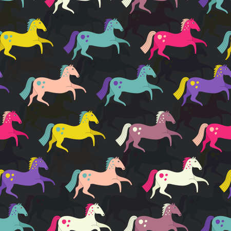 Beautiful seamless pattern with horse silhouettes. Perfect dressage event texture made in orange, yellow and blue colors on beige backgroound. Animal texture drwn in vector.のイラスト素材