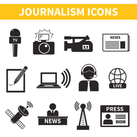 Set of vector journalism icons. Modern flat symbols of journalism including computer, news, reporter, camera, accreditation, pencil and some more.のイラスト素材