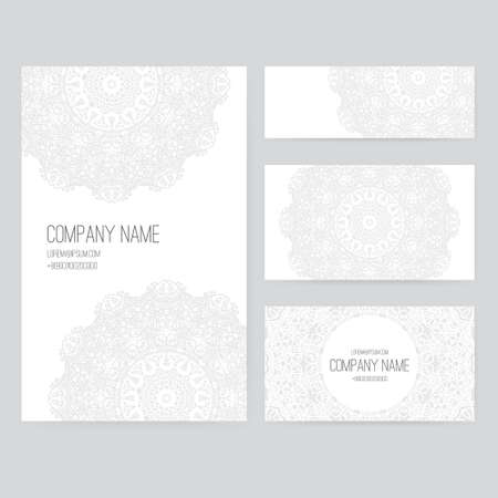 Set of business card and invitation card templates with lace ornament. Vector background. Indian, Arabic, Islam motifs. Vintage design elements. Wedding or save the date hand drawn background.のイラスト素材