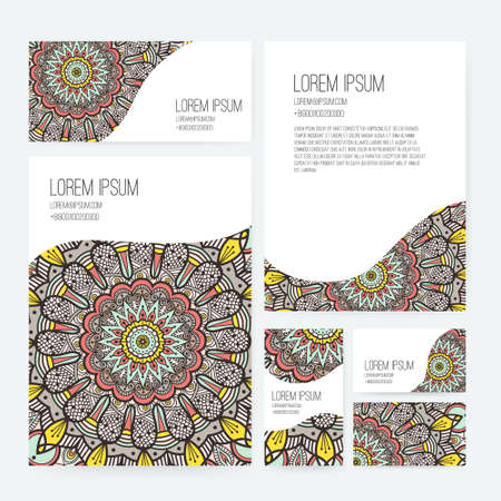 Set of business card and invitation card templates with lace ornament. Vector background. Indian, Arabic, Islam motifs. Vintage design elements. Wedding or save the date hand drawn background.のイラスト素材