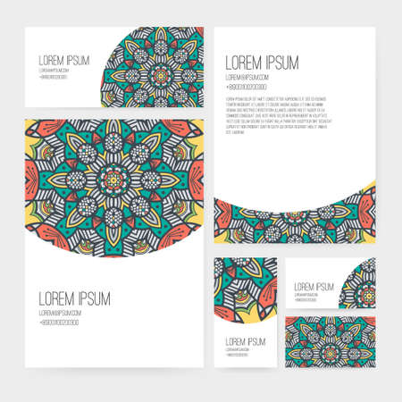 Set of business card and invitation card templates with lace ornament. Vector background. Indian, Arabic, Islam motifs. Vintage design elements. Wedding or save the date hand drawn background.のイラスト素材