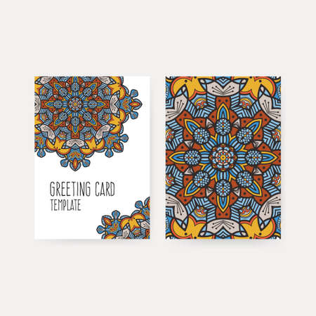 Set of business card and invitation card templates with lace ornament. Vector background. Indian, Arabic, Islam motifs. Vintage design elements. Wedding or save the date hand drawn background.のイラスト素材
