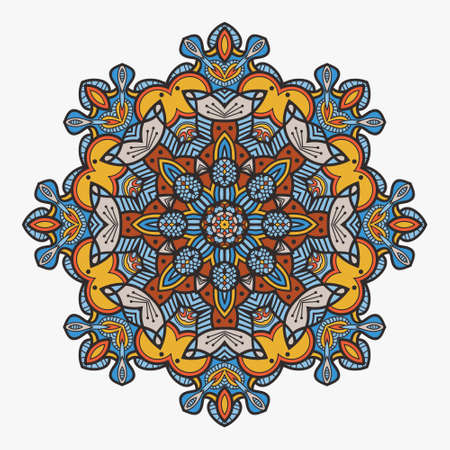 Mandala -round vector ornament. Traditional indian symbol. Geometric circle element. Hand drawn vintage spiritual and meditation icon. Graphic template for your design. Isolated on white background.のイラスト素材