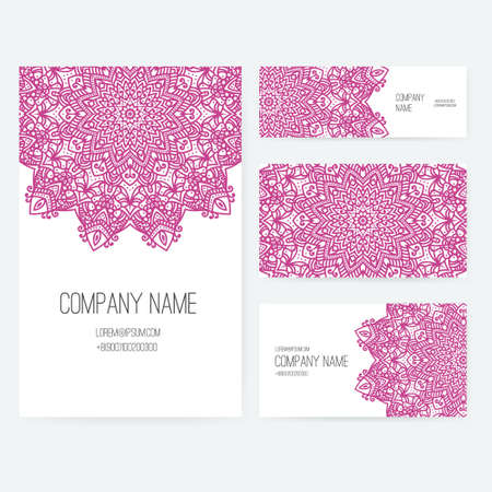 Set of business card and invitation card templates with lace ornament. Vector background. Indian, Arabic, Islam motifs. Vintage design elements. Wedding or save the date hand drawn background.のイラスト素材