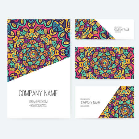 Set of business card and invitation card templates with lace ornament. Vector background. Indian, Arabic, Islam motifs. Vintage design elements. Wedding or save the date hand drawn background.のイラスト素材