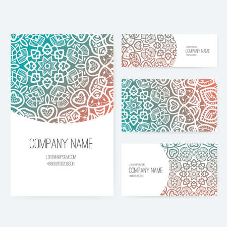 Set of business card and invitation card templates with lace ornament. Vector background. Indian, Arabic, Islam motifs. Vintage design elements. Wedding or save the date hand drawn background.のイラスト素材