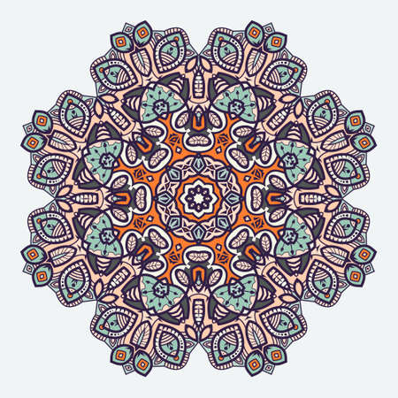 Mandala -round vector ornament. Traditional indian symbol. Geometric circle element. Hand drawn vintage spiritual and meditation icon. Graphic template for your design. Isolated on white background.のイラスト素材