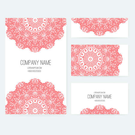 Set of business card and invitation card templates with lace ornament. Vector background. Indian, Arabic, Islam motifs. Vintage design elements. Wedding or save the date hand drawn background.のイラスト素材