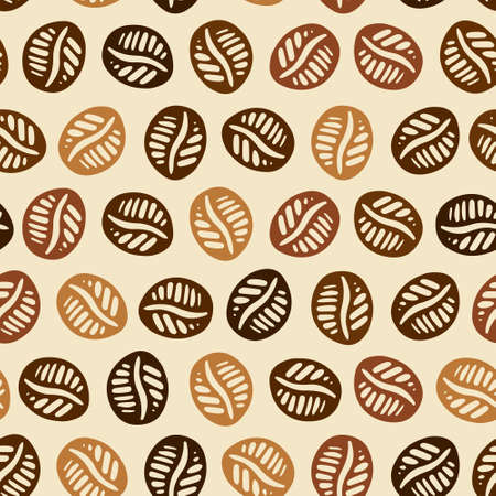 Perfect texture with coffee beans. Texture with coffee made in brown colors can be used for menu, background, card template, business card or for website. Hand drawn coffee pattern made in vector.のイラスト素材