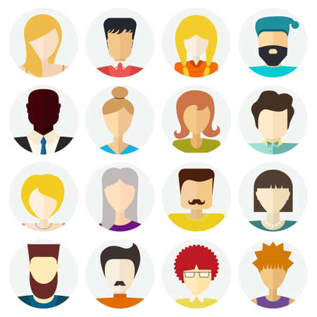Set of flat people icons. Different faces of people for avatar, profile page, for app or web design made in modern flat style. Vector men, women characters.のイラスト素材