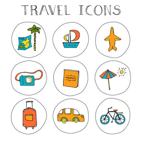 Vector set of hand drawn travel icons, including different types of transport and accessories. Vacation web illustrations.のイラスト素材