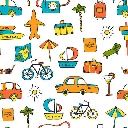 Seamless background with travel elements - photocam, bag, car, plane, sun. Vacation vector texture.のイラスト素材