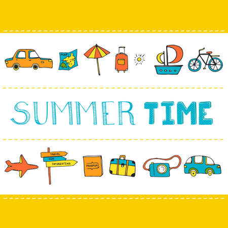 Hand drawn summer card with all summer vacation icons -- pasport, plane, car, photocam, boat, bag. Summer illustration made in vector.のイラスト素材
