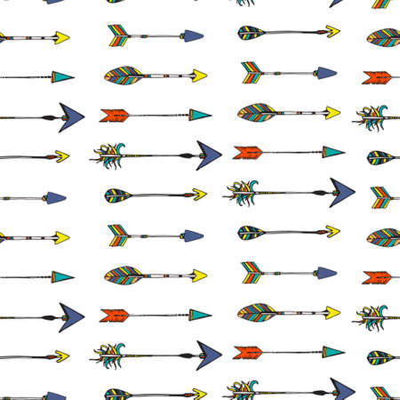Ethnic colorful seamless pattern made in vecor. Texture with tribal indian hand drawn arrows. Native american background design.のイラスト素材