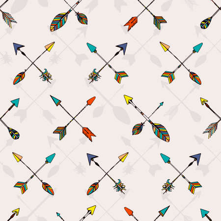 Ethnic colorful seamless pattern made in vecor. Texture with tribal indian hand drawn arrows. Native american background design.のイラスト素材