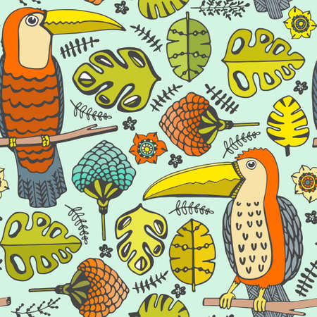 Beautiful hand drawn seamless pattern with tropical birds and flowers made in vector. Texture can be used for web site background, on banners, invitations and on your other designs.のイラスト素材