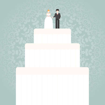 Illustration of a wedding cake - bridal vector. Invitation template for a card or save the date. Sweet wedding dessert with bride and groom standing above.のイラスト素材