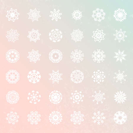 Snowflake vector collection. Unique winter decoration elements in flat style. Christmas and New Year symbols. Geometric circle shapes.のイラスト素材