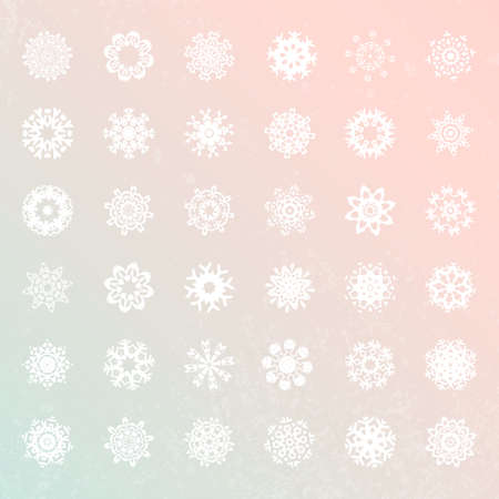 Snowflake vector collection. Unique winter decoration elements in flat style. Christmas and New Year symbols. Geometric circle shapes.のイラスト素材