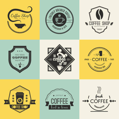 Vector set of coffee shop restaurant or bar design elements with mugs and beans. Ribbons, circle shapes, lables, insignias with coffee related elements. Vintage and retro styled quality badges.のイラスト素材