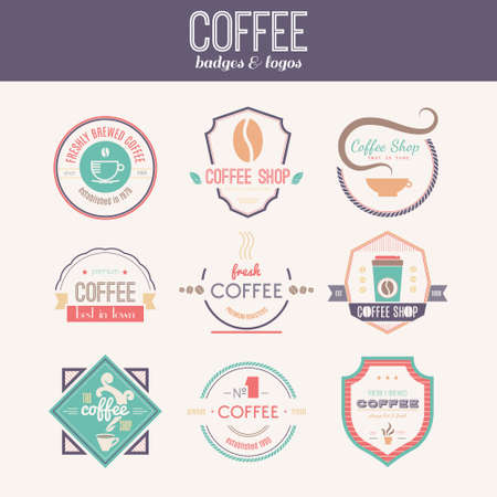 Vector set of coffee shop, restaurant or bar design elements with mugs and beans. Ribbons, circle shapes, lables, insignias with coffee related elements. Vintage and retro styled quality badges.のイラスト素材