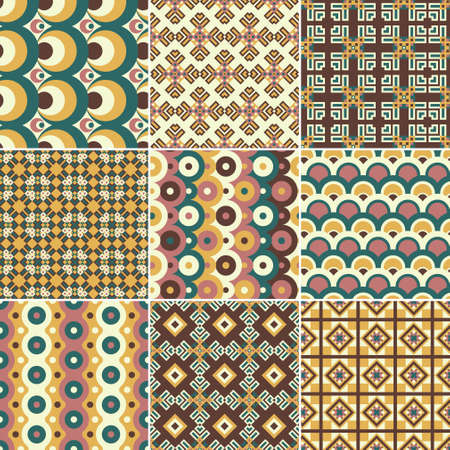 Set of nine vector seamless geometrical patterns. Vintage textures. Decorative background for cards, invitations, web design. Retro digital paper.のイラスト素材