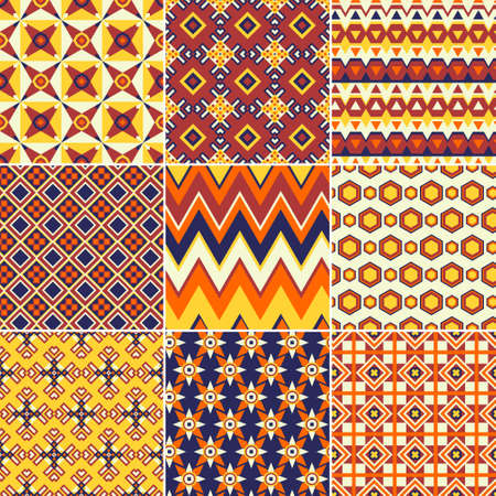 Set of nine vector seamless geometrical patterns. Vintage textures. Decorative background for cards, invitations, web design. Retro digital paper.のイラスト素材