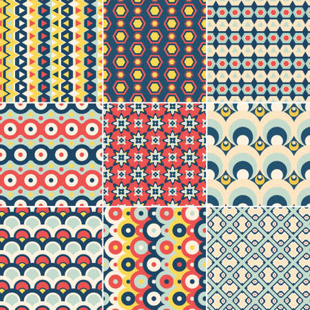Set of nine vector seamless geometrical patterns. Vintage textures. Decorative background for cards, invitations, web design. Retro digital paper.のイラスト素材
