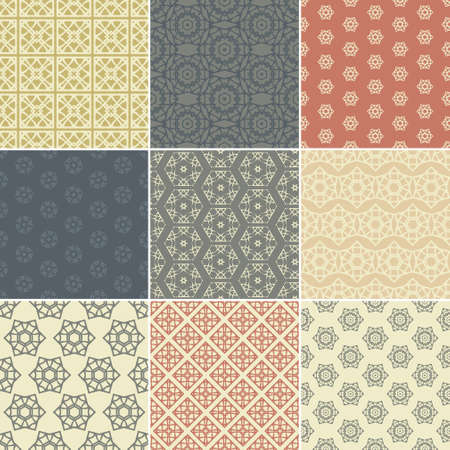 Set of nine vector seamless geometrical patterns. Vintage textures. Decorative background for cards, invitations, web design. Retro digital paper.のイラスト素材