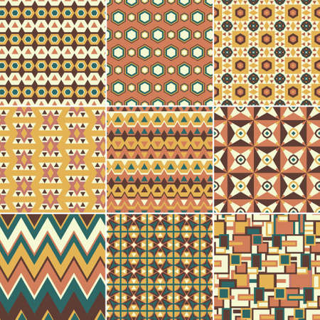 Set of nine vector seamless geometrical patterns. Vintage textures. Decorative background for cards, invitations, web design. Retro digital paper.のイラスト素材
