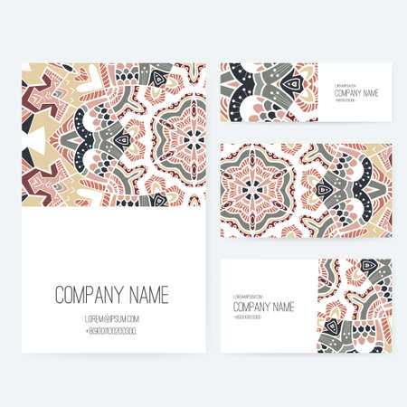Set of business card and invitation card templates with lace ornament. Vector background. Indian, Arabic, Islam motifs. Vintage design elements. Wedding or save the date hand drawn background.のイラスト素材