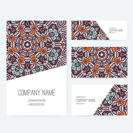 Set of business card and invitation card templates with lace ornament. Vector background. Indian, Arabic, Islam motifs. Vintage design elements. Wedding or save the date hand drawn background.のイラスト素材