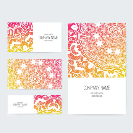 Set of business card and invitation card templates with lace ornament. Vector background. Indian, Arabic, Islam motifs. Vintage design elements. Wedding or save the date hand drawn background.のイラスト素材