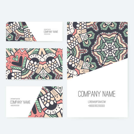Set of business card and invitation card templates with lace ornament. Vector background. Indian, Arabic, Islam motifs. Vintage design elements. Wedding or save the date hand drawn background.のイラスト素材