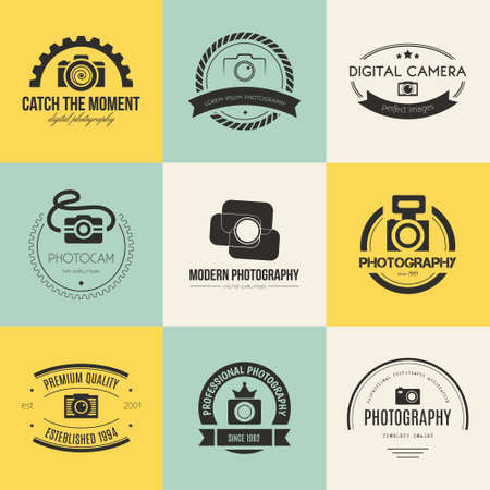 Vector collection of photography templates. Photocam. Photography vintage badges and icons. Modern mass media icons. Photo labels.のイラスト素材