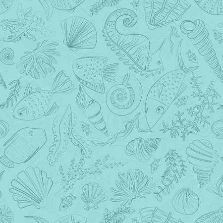 Vector seamless pattern with hand drawn fishes, corrals, shells, seaweeds, sea-horse and other underwater creatures. Ocean background. Tropical sea life design.のイラスト素材