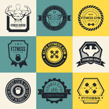 Set of different sports and fitness templates. Gym. Athletic labels and badges made in vector. Bodybuilder, fit man, athlet icon.のイラスト素材