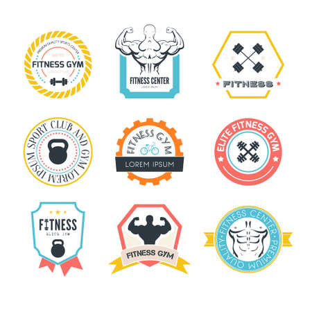 Set of different sports and fitness templates. Gym Athletic labels and badges made in vector. Bodybuilder, fit man, athlet icon.のイラスト素材