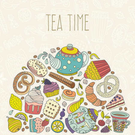 Dessert concept made in vector. Baked goods and sweets for your design. Cupcake, teapot, baked goods and other sweets.のイラスト素材
