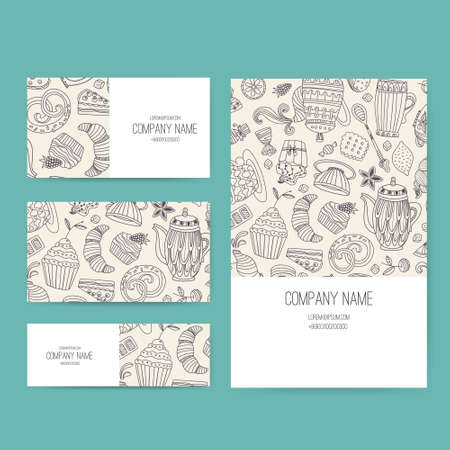 Vector business set template with cute hand drawn dessert illustrations. Restaurant or cafe branding elements. Flyer design with cupcakes and sweets.のイラスト素材