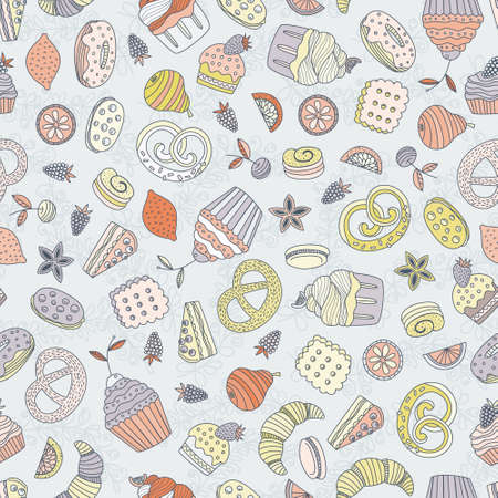 Sweet seamless pattern with different desserts: cupcake, ice cream, pie, fruits. Doodle style hand drawn vector background. Restaurant menu or tea party background.のイラスト素材
