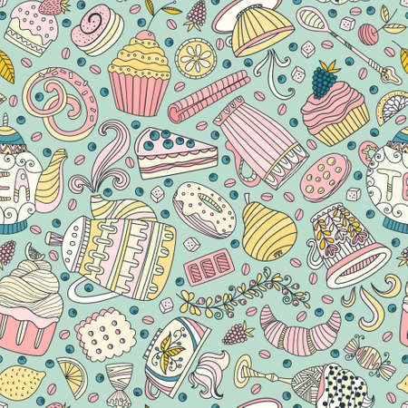 Cute seamless pattern with sweets and desserts: cupcake, ice cream, teapot. Doodle style vector. Baked goods, restaurant menu and tea party background.のイラスト素材