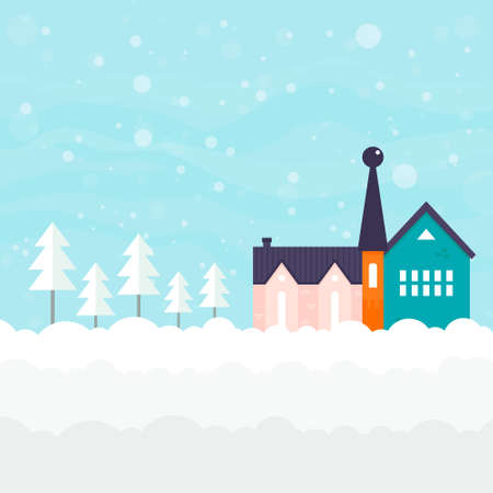 Winter vector card with house, nature and snow. Xmas celebration, christmas invitation, new year card design. Flat snowy town.のイラスト素材