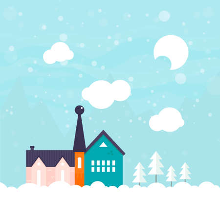Winter vector card with house, nature and snow. Xmas celebration, christmas invitation, new year card design. Flat snowy town.のイラスト素材