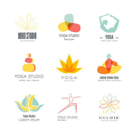 Set for yoga studio or meditation class. Modern fitness badges collection made in vector. Yoga vector template. Healthcare, sport, fitness, spa logo design elements. Anusara, ashtanga, bikram, hatha, hot yoga, vinyasa symbols.のイラスト素材