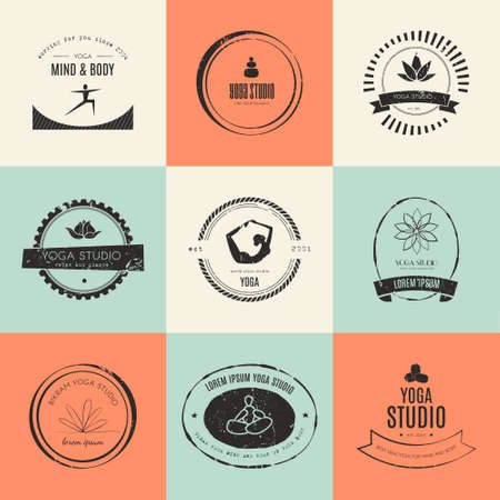 Set for yoga studio or meditation class. Modern fitness badges collection made in vector. Yoga vector template. Healthcare, sport, fitness, spa design elements. Anusara, ashtanga, bikram, hatha, hot yoga, vinyasa symbols.のイラスト素材