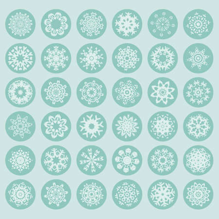 Snowflake vector collection. Unique winter decoration elements in flat style. Christmas and New Year symbols. Geometric circle shapes.のイラスト素材