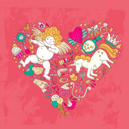 Cute vector romantic card template with a heart made of the most romantic symbols - cupid, ring, hearts, loving birds, sweet ice cream. Valentines day doodle style card.のイラスト素材