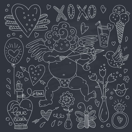 Set of romantic vector elements. Handdrawn doodle Valentineâs day characters and illustrations. Cute save the date or wedding card design elements.のイラスト素材